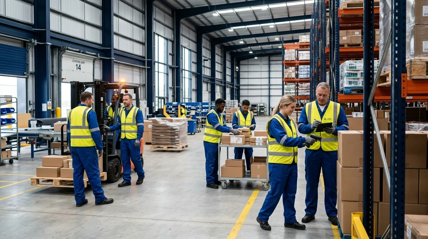 General workforce crew and logistics handlers in an active distribution facility